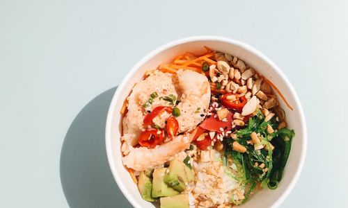 A colorful and balanced meal in a bowl, with fresh vegetables.